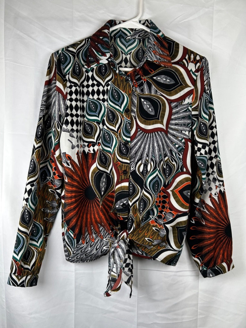 Mandala Print Tie Front Blouse Small Peacock Feather Boho Made in Italy